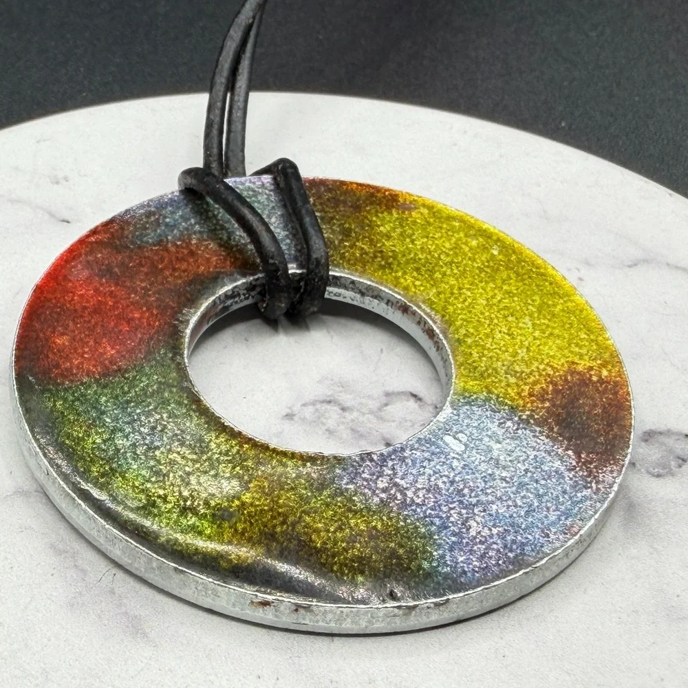 SA Signed Multicolor Glitter Donut Pendant Black Cord Necklace Modernist Art